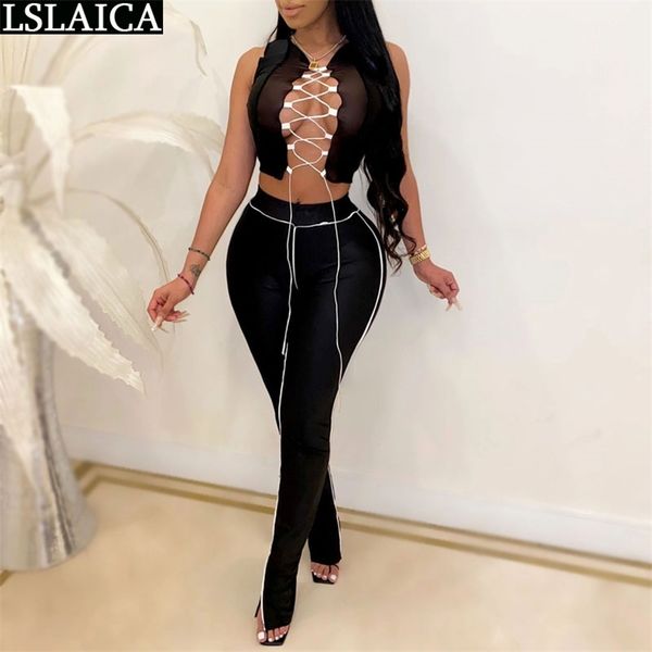 2 peice sets women summer split long pants sleeveless eyelet lace-up crop set solid outfits & club conjuntos de mujer 210515, White
2 peice sets women summer split long pants sleeveless eyelet lace-up crop set solid outfits & club conjuntos de mujer 210515, White