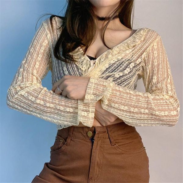 women's t-shirt spring autumn women lace cardigan t shirt elegant tie-up see-through long sleeve v-neck ruffle crop 2021, White
women's t-shirt spring autumn women lace cardigan t shirt elegant tie-up see-through long sleeve v-neck ruffle crop 2021, White