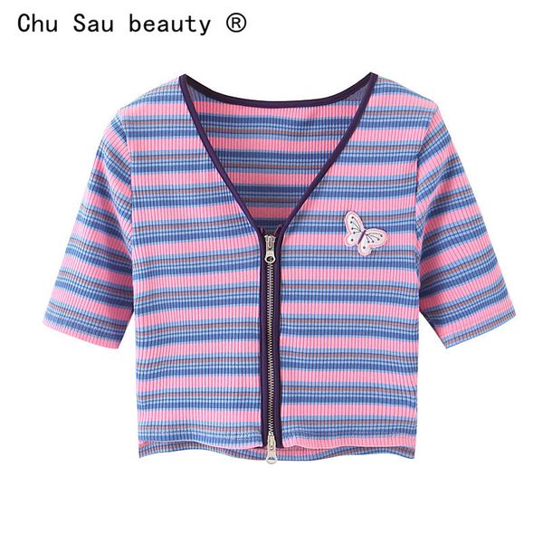 women summer cardigan vintage v-neck butterfly embroidery rainbow stripes zipper knitted shirt short 210514, White
women summer cardigan vintage v-neck butterfly embroidery rainbow stripes zipper knitted shirt short 210514, White