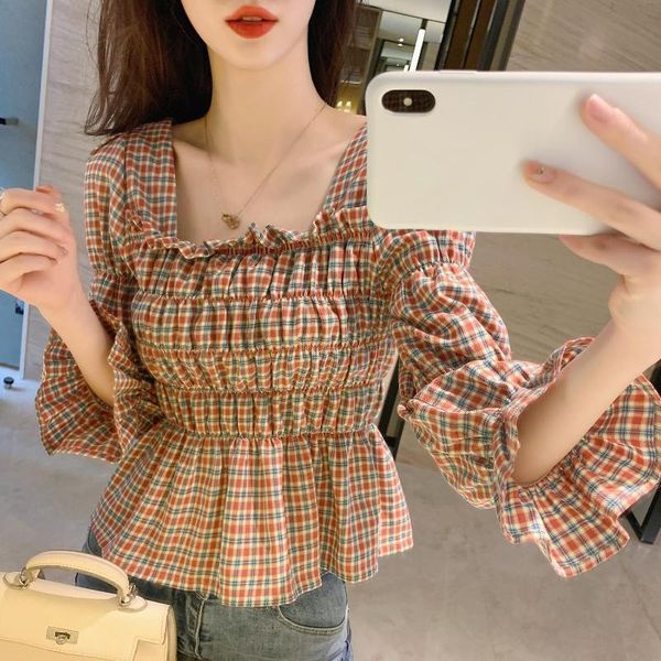 women's blouses & shirts blouse women shirt bell sleeve plaid spring and autumn loose blusas mujer de moda, White
women's blouses & shirts blouse women shirt bell sleeve plaid spring and autumn loose blusas mujer de moda, White