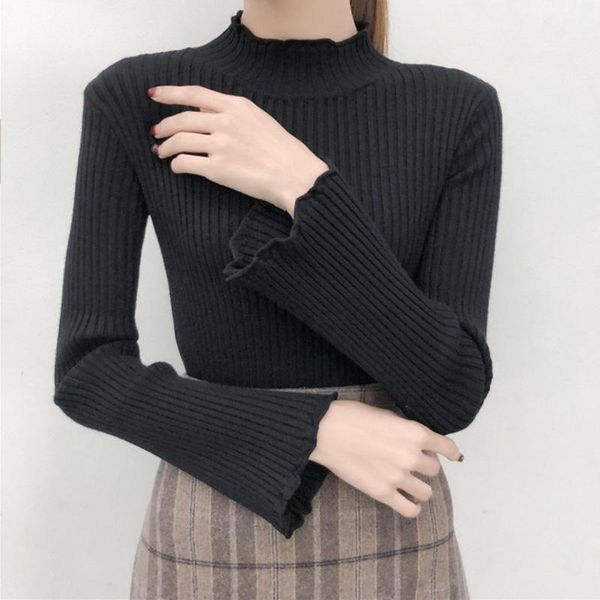 autumn and winter warm woman high collar wooden ear sweater slim pullover bell sleeve elastic bottoming women's sweaters, White;black
autumn and winter warm woman high collar wooden ear sweater slim pullover bell sleeve elastic bottoming women's sweaters, White;black
