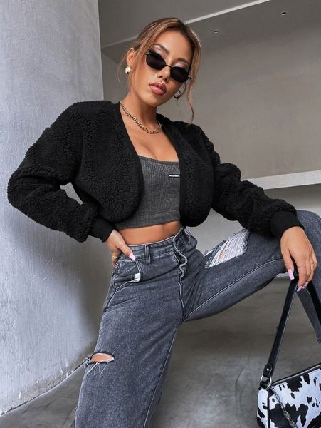 solid open front crop teddy jacket l98w#, Black;brown