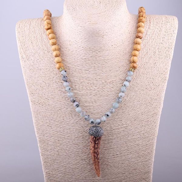 pendant necklaces moodpc bohemian jewelry fashion natural stones and wood beads ox horn necklace, Silver