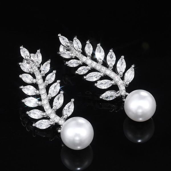 dangle & chandelier huitan crystal leaf-shaped earrings women round imitation pearl simple elegant design female trendy jewelry, Silver 
dangle & chandelier huitan crystal leaf-shaped earrings women round imitation pearl simple elegant design female trendy jewelry, Silver