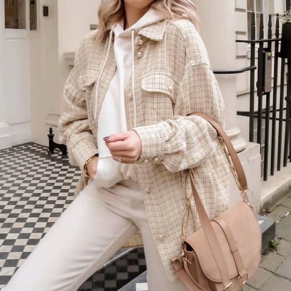 women's jackets beige plaid shirt jacket women casual coat pearl button vintage loose outwear turndown collar chaqueta mujer, Black;brown
women's jackets beige plaid shirt jacket women casual coat pearl button vintage loose outwear turndown collar chaqueta mujer, Black;brown