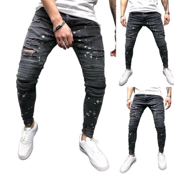 men's pants trendy skinny destroyed ripped zipper jeans slim fit motorcycle trousers, Black
men's pants trendy skinny destroyed ripped zipper jeans slim fit motorcycle trousers, Black