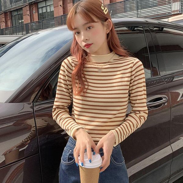 women's t-shirt fashion striped turtleneck t shirt korean style knit slim long-sleeved causal tee, White
women's t-shirt fashion striped turtleneck t shirt korean style knit slim long-sleeved causal tee, White
