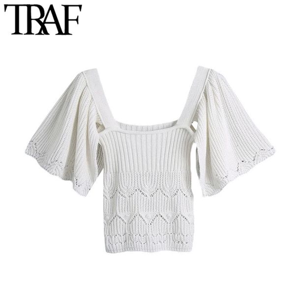 women fashion with ruffled sleeves cropped knitted sweater vintage square collar fitted female pullovers chic 210507, White;black
women fashion with ruffled sleeves cropped knitted sweater vintage square collar fitted female pullovers chic 210507, White;black
