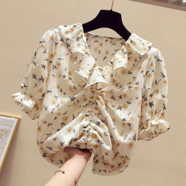 women's blouses & shirts chiffon floral women blouse summer design drawstring ruffles elegant office lady pulls outwear, White
women's blouses & shirts chiffon floral women blouse summer design drawstring ruffles elegant office lady pulls outwear, White
