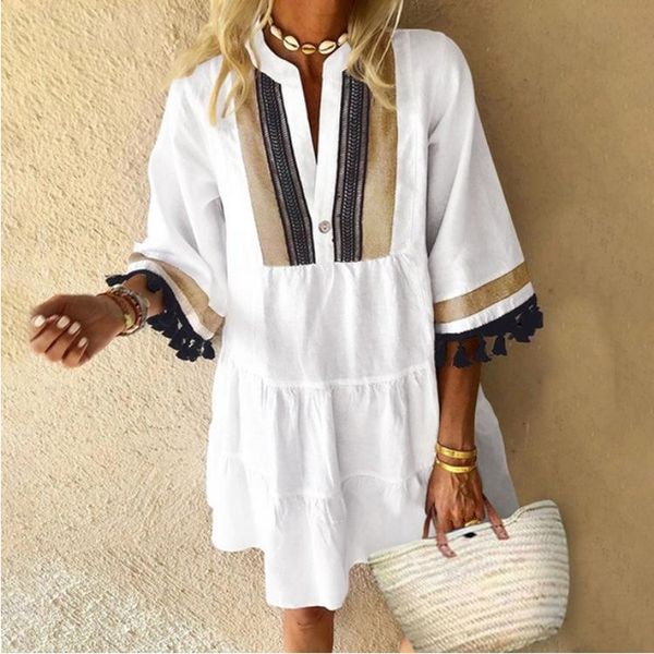 casual dresses summer style ladies retro dress hit color fringed mini v neck beach vintage loose clothes, Black;gray
casual dresses summer style ladies retro dress hit color fringed mini v neck beach vintage loose clothes, Black;gray