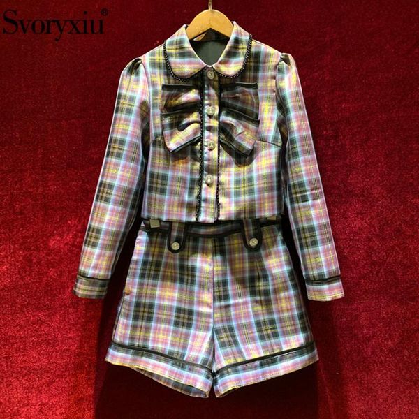 women's tracksuits svoryxiu designer autumn vintage plaid print two piece set long sleeve bow single-breasted jackets + shorts female, Gray
women's tracksuits svoryxiu designer autumn vintage plaid print two piece set long sleeve bow single-breasted jackets + shorts female, Gray