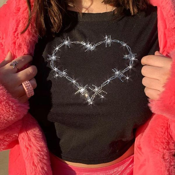 women's t-shirt slim summer female short long sleeves harvest black heart-shaped rhinestone bling print y2k aesthetic bright 2021, White
women's t-shirt slim summer female short long sleeves harvest black heart-shaped rhinestone bling print y2k aesthetic bright 2021, White