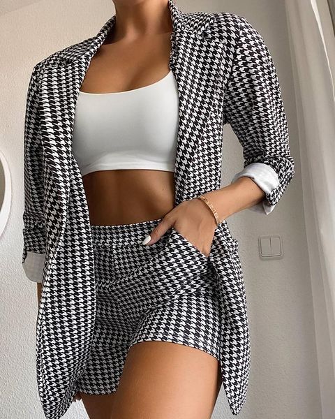 women's tracksuits 2-piece houndstooth clothing suit autumn jacket high waist shorts ladies fashion casual professional wear, Gray
women's tracksuits 2-piece houndstooth clothing suit autumn jacket high waist shorts ladies fashion casual professional wear, Gray