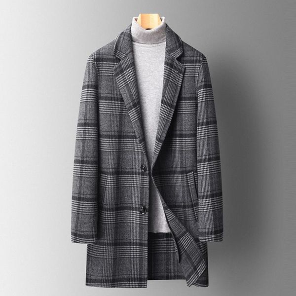 men's wool & blends men coats autumn winter plaid print jacket luxurious clothing business casual wear, Black