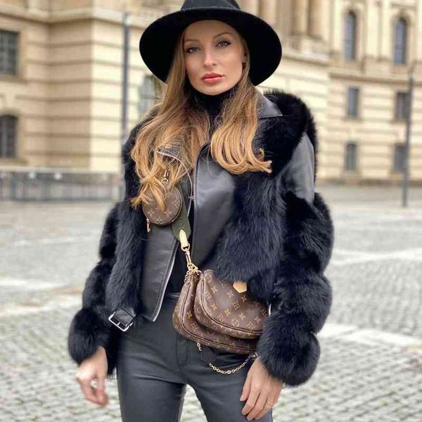 winter warm women's fox fur coat spliced black imitation integrated women