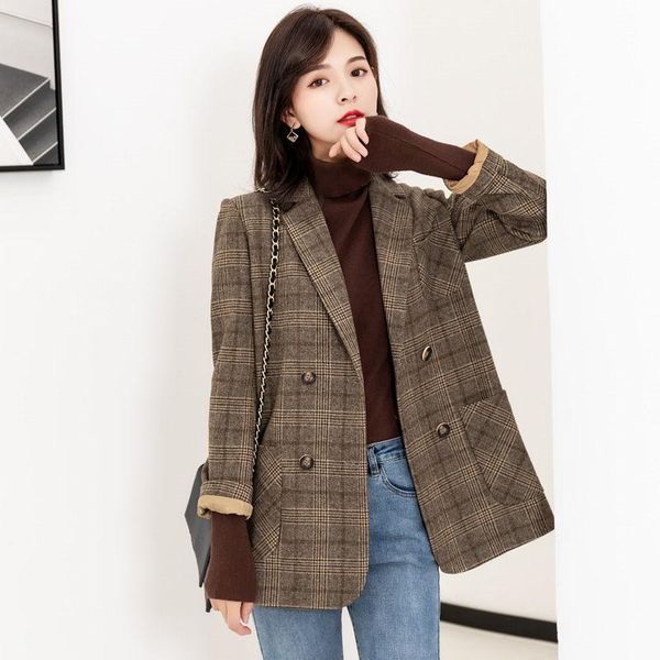 vintage double breasted office ladies plaid blazer long sleeve loose korean woolen coat jacket women blazers female 2021 k1262 women's, White;black
vintage double breasted office ladies plaid blazer long sleeve loose korean woolen coat jacket women blazers female 2021 k1262 women's, White;black