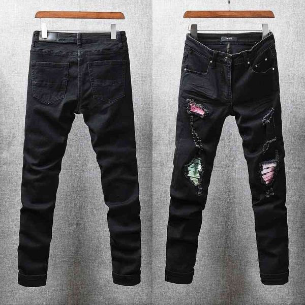 high street fashion brand 646 am black creative patch hole jeans men's elastic slim leggings, Blue
high street fashion brand 646 am black creative patch hole jeans men's elastic slim leggings, Blue