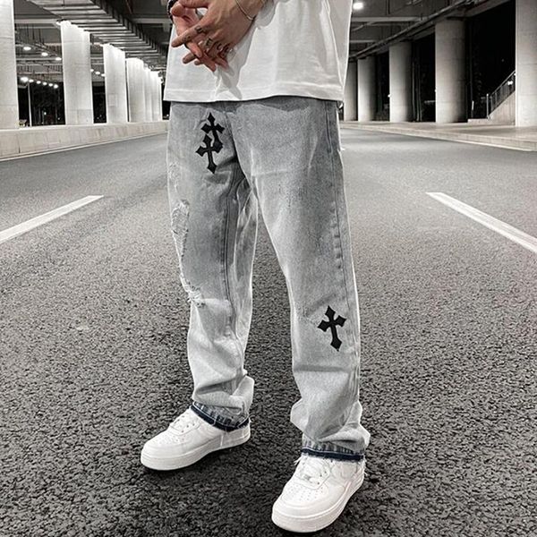 men's jeans ripped retro hole cross embroidery casual denim trousers mens high street washed straight oversize pants, Blue
men's jeans ripped retro hole cross embroidery casual denim trousers mens high street washed straight oversize pants, Blue