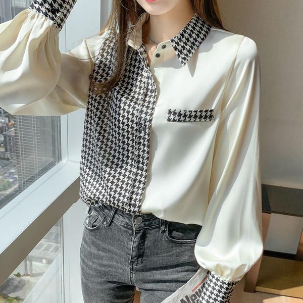 women's blouses & shirts houndstooth fashion women 2021 spring patchwork long lantern sleeve turn-down collar satin soft blouse casual, White
women's blouses & shirts houndstooth fashion women 2021 spring patchwork long lantern sleeve turn-down collar satin soft blouse casual, White
