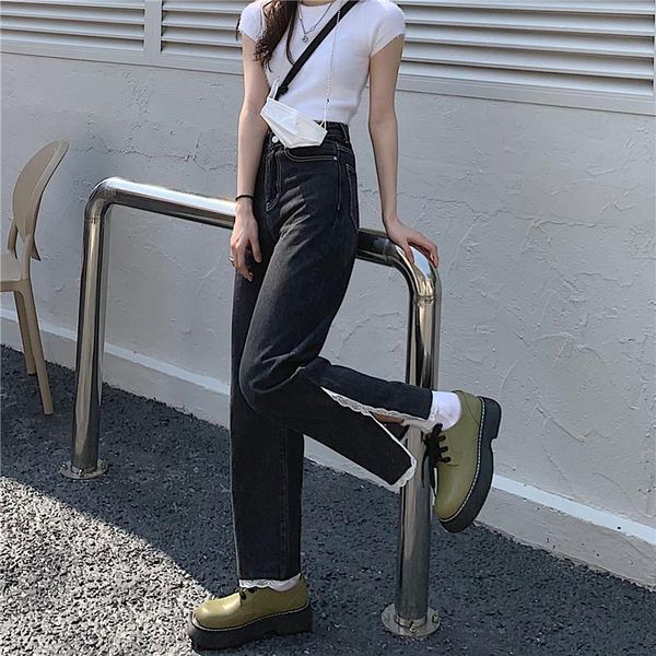 women's jeans lolibook women all-match college black lace patchwork design korean style straight full length vintage denim trouser, Blue
women's jeans lolibook women all-match college black lace patchwork design korean style straight full length vintage denim trouser, Blue