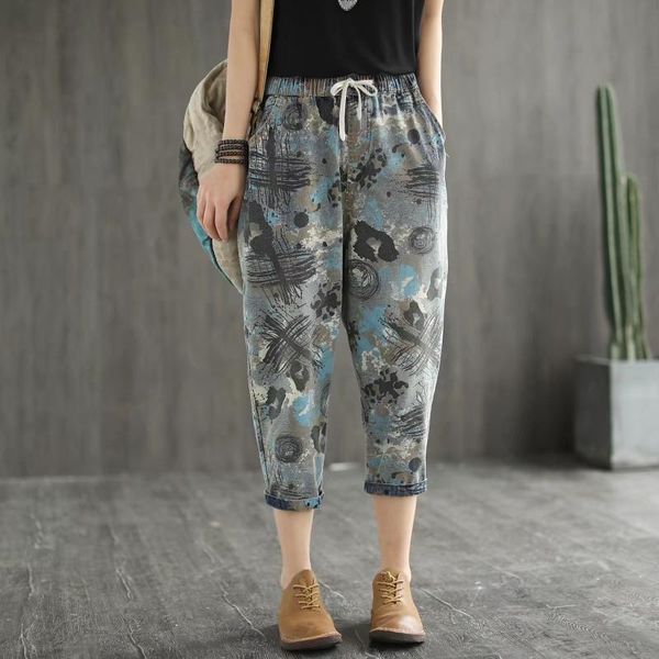 women's jeans spring summer calf-length women printed casual drawstring elastic wasit pockets harem pants korean style loose 2021, Blue
women's jeans spring summer calf-length women printed casual drawstring elastic wasit pockets harem pants korean style loose 2021, Blue