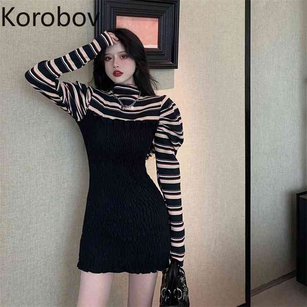 korobov knitted patchwork striped mini dresses long puff sleeve slim waist vintage dress women fake two piece vestidos mujer 210430, Black;gray
korobov knitted patchwork striped mini dresses long puff sleeve slim waist vintage dress women fake two piece vestidos mujer 210430, Black;gray