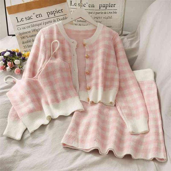 sweet plaid three-piece women's o neck single-breasted long-sleeved loose sweater with short strap two piece set skirt 210420, White
sweet plaid three-piece women's o neck single-breasted long-sleeved loose sweater with short strap two piece set skirt 210420, White