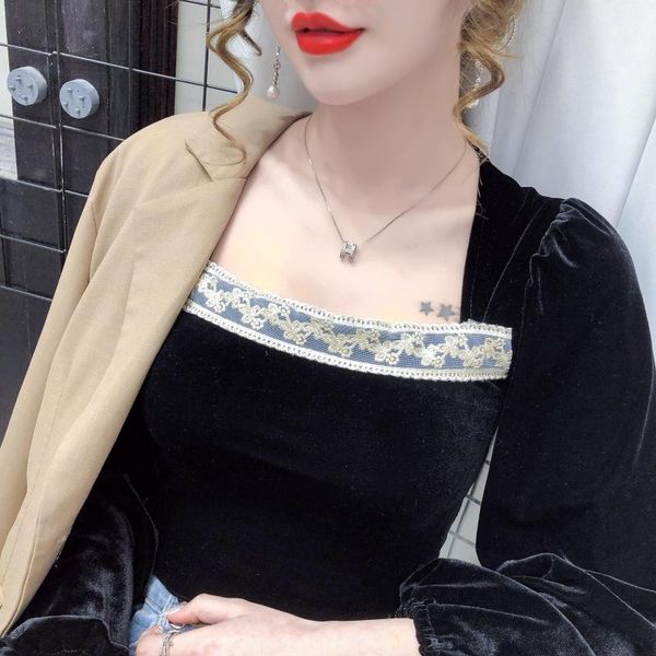 women's t-shirt elegant lace shirt long sleeve patchwork golden velvet fashion ladies square collar black lady, White
women's t-shirt elegant lace shirt long sleeve patchwork golden velvet fashion ladies square collar black lady, White