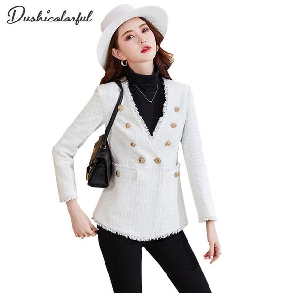 women's suits & blazers 2021 spring and autumn white tweed blazer double-breasted slimtextured long sleeve jacket women collarless chic, White;black
women's suits & blazers 2021 spring and autumn white tweed blazer double-breasted slimtextured long sleeve jacket women collarless chic, White;black