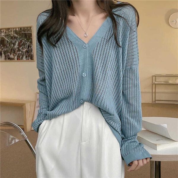 women's knits & tees xia bingsi sunscreen smock, air conditioning shirt with gentle and lazy wind thin cut-out blue v-neck knitted card, White 
women's knits & tees xia bingsi sunscreen smock, air conditioning shirt with gentle and lazy wind thin cut-out blue v-neck knitted card, White