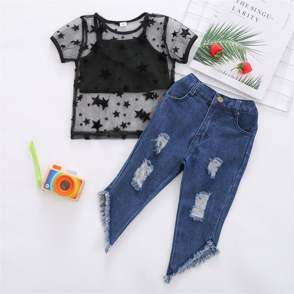 clothing sets children kids baby girl fashion jeans set children's short sleeve halter tulle + irregular hole pants outfits 3pcs, White
clothing sets children kids baby girl fashion jeans set children's short sleeve halter tulle + irregular hole pants outfits 3pcs, White