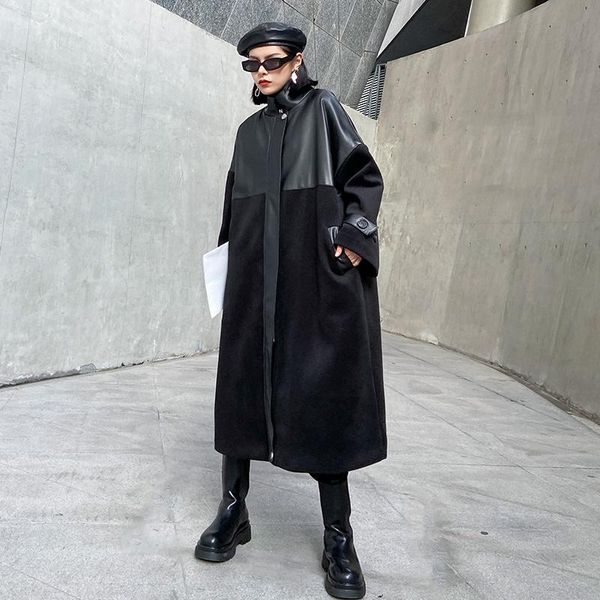 women's wool & blends ladies' long woolen coat autumn/winter personality patchwork standing-collar medium length cotton padded pu, Black
women's wool & blends ladies' long woolen coat autumn/winter personality patchwork standing-collar medium length cotton padded pu, Black