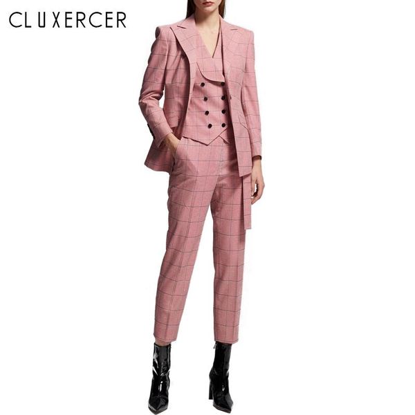 autumn three piece sets women korean pink 3 set blazer jacket + vest+ pant suit office lady suits women's two pants, White
