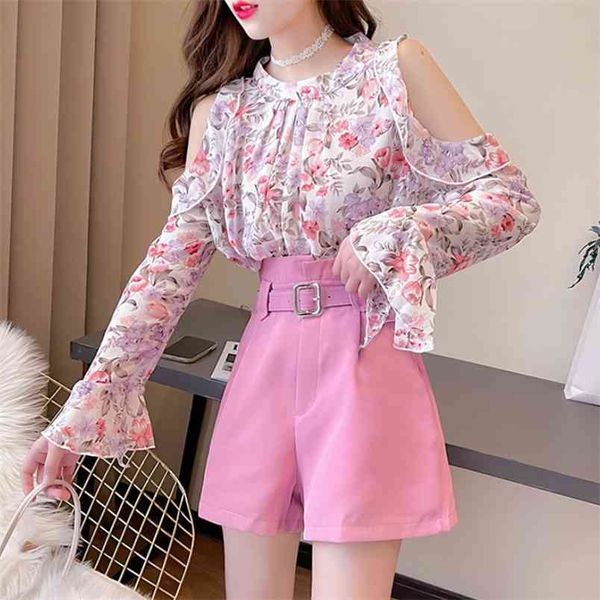 2 piece set women korean chic flower print off shoulder flare sleeve chiffon shirts+high waist shorts fashion suits 210519, White
2 piece set women korean chic flower print off shoulder flare sleeve chiffon shirts+high waist shorts fashion suits 210519, White