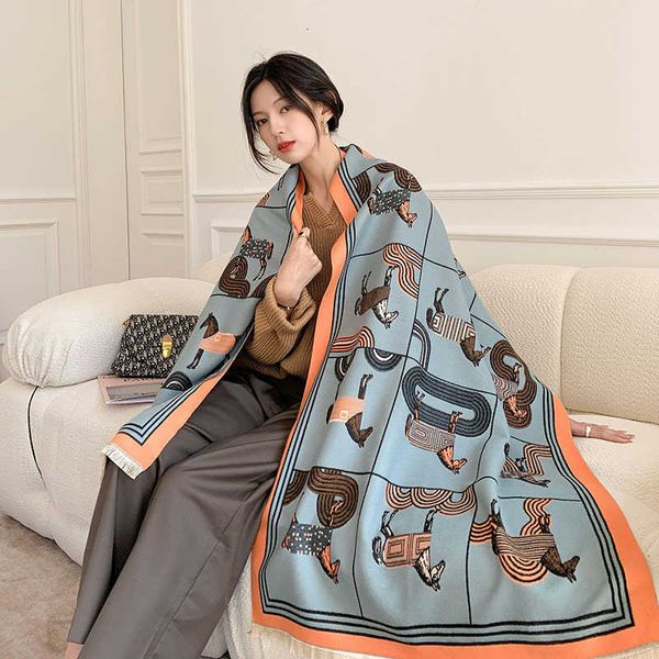 autumn imitation cashmere brushed scarf women's thickened warm stripe frame leather buckle shawl, Blue;gray
autumn imitation cashmere brushed scarf women's thickened warm stripe frame leather buckle shawl, Blue;gray