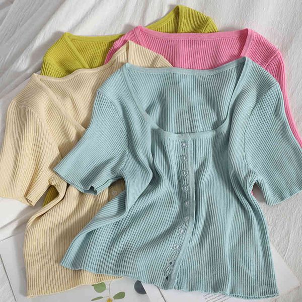 korean u-neck solid color knitted slim t-shirt summer casual slim-fit breasted short for women sweater student 210420, White
korean u-neck solid color knitted slim t-shirt summer casual slim-fit breasted short for women sweater student 210420, White