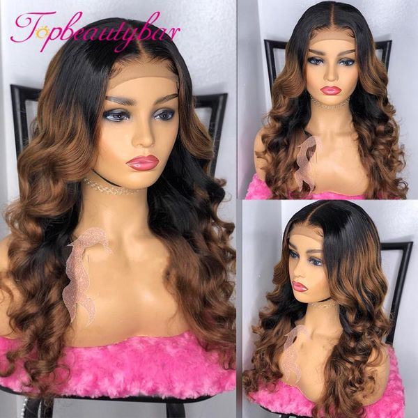 highlight ombre brown 13*4 lace front wigs 180% wavy human hair for women remy brazilian preplucked, Black;brown
