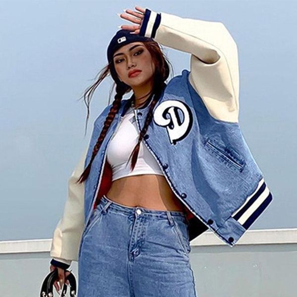 women's jackets patchwork jacket embroidery letter denim button pockets coat women clothes autumn casual street sweatshirt varsity base, Black;brown
women's jackets patchwork jacket embroidery letter denim button pockets coat women clothes autumn casual street sweatshirt varsity base, Black;brown