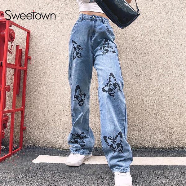 sweetown butterfly pattern baggy denim pants women korean fahion high waist wide leg trousers casual loose plus size streetwear women's, Black;white
sweetown butterfly pattern baggy denim pants women korean fahion high waist wide leg trousers casual loose plus size streetwear women's, Black;white