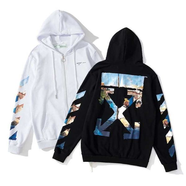 Off new Monet oil painting Terry zipper cardigan Hooded Sweater, White 
Off new Monet oil painting Terry zipper cardigan Hooded Sweater, White