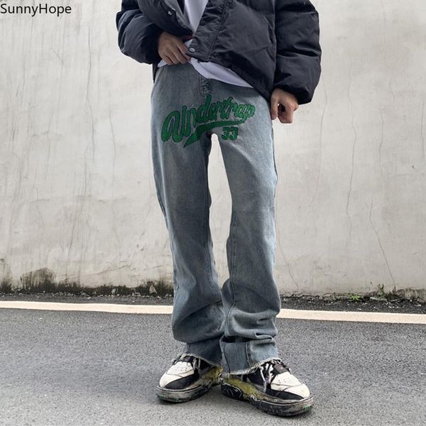 men's jeans high street letter embroidery washed distressed men and women retro casual micro-flared pants hip hop loose denim trousers, Blue
men's jeans high street letter embroidery washed distressed men and women retro casual micro-flared pants hip hop loose denim trousers, Blue