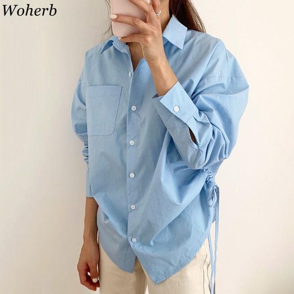 women's blouses & shirts woherb blusas mujer de moda 2021 chic korean clothes single breasted irregular shirt drawstring loose blouse c, White
women's blouses & shirts woherb blusas mujer de moda 2021 chic korean clothes single breasted irregular shirt drawstring loose blouse c, White