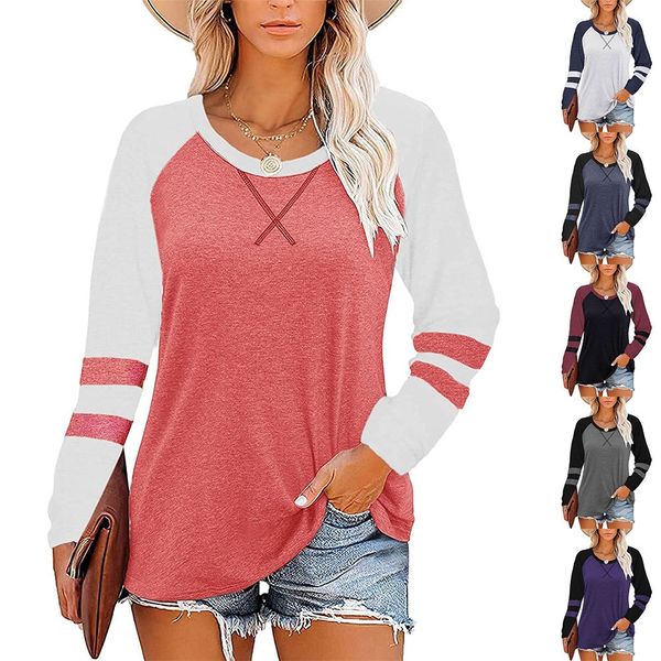 women's blouse color blocking round neck girdle long sleeve casual loose t-shirt women, White
women's blouse color blocking round neck girdle long sleeve casual loose t-shirt women, White