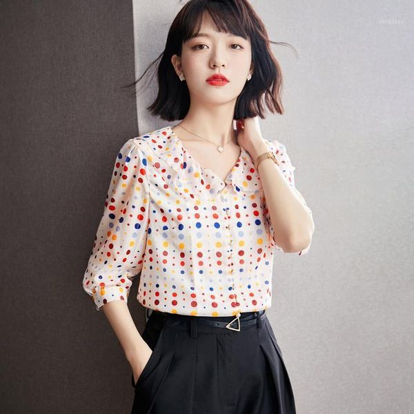 women's blouses & shirts 2021 summer color polka dot baby collar 5-sleeve shirt chiffon, White
women's blouses & shirts 2021 summer color polka dot baby collar 5-sleeve shirt chiffon, White