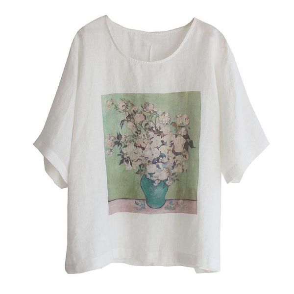 women's t-shirt 9093 summer clothes korean style commuter casual loose short sleeves round neck printed pullover linenshirt, White
women's t-shirt 9093 summer clothes korean style commuter casual loose short sleeves round neck printed pullover linenshirt, White