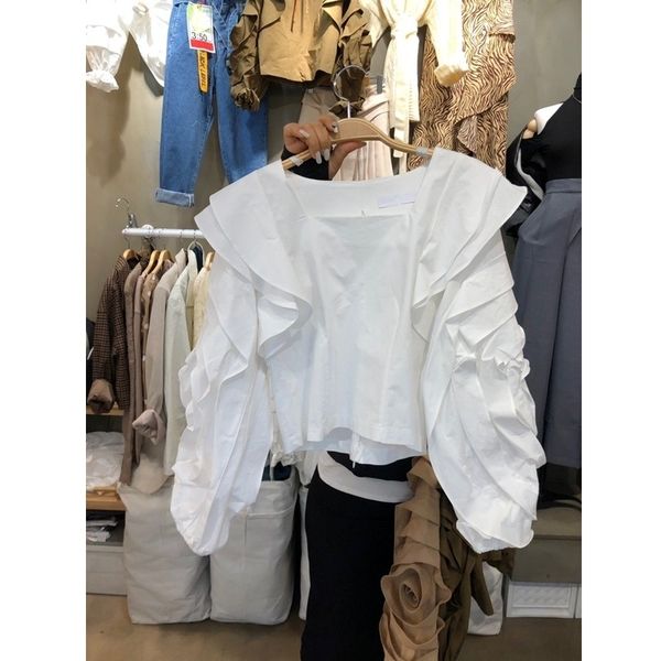 spring sweet ruffles patchwork puff sleeve square collar office lady solid white woman tshirts 210421
spring sweet ruffles patchwork puff sleeve square collar office lady solid white woman tshirts 210421