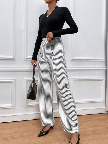 high waist vertical striped fake button pants b5ua#, Black;white
high waist vertical striped fake button pants b5ua#, Black;white