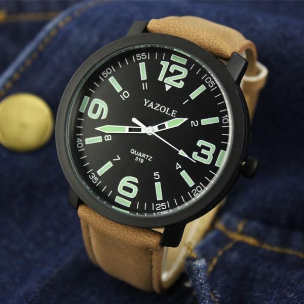 wristwatches yazole quartz watches men brand leather strap big dial stainless steel light luminous electronic man watch reloj hombre, Slivery;brown 
wristwatches yazole quartz watches men brand leather strap big dial stainless steel light luminous electronic man watch reloj hombre, Slivery;brown
