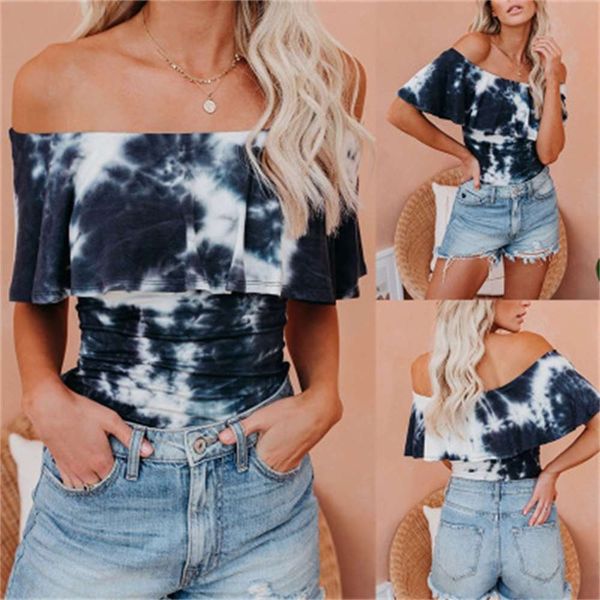 women's t-shirt 2021 tie dyed summer one neck off shoulder ink short sleeve hzae, White
women's t-shirt 2021 tie dyed summer one neck off shoulder ink short sleeve hzae, White