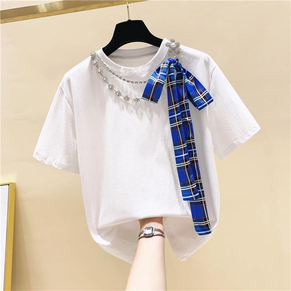 women's t-shirt scarf lace-up beads rhinestones short sleeve loose cotton female 2021 summer clothing western style, White
women's t-shirt scarf lace-up beads rhinestones short sleeve loose cotton female 2021 summer clothing western style, White